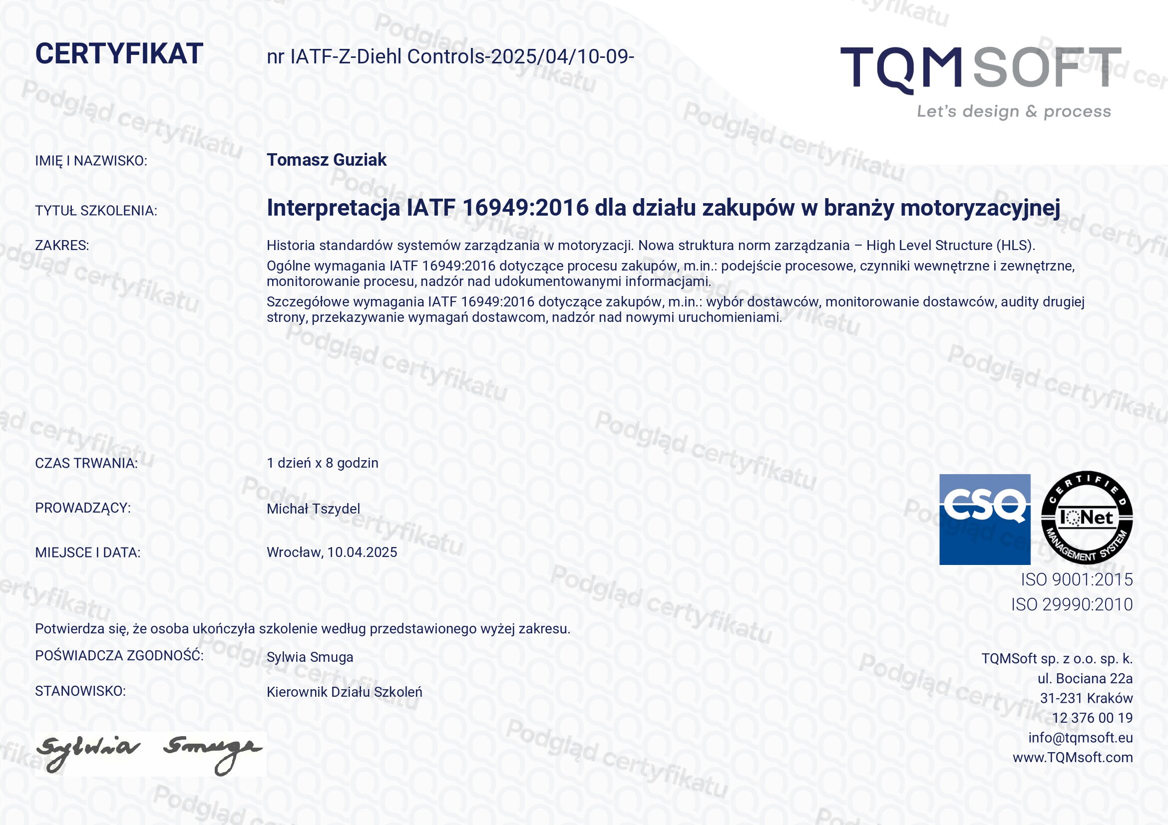 Certyfikat szkolenia: Interpretacja IATF 16949:2016 dla działu zakupów w branży motoryzacyjnej