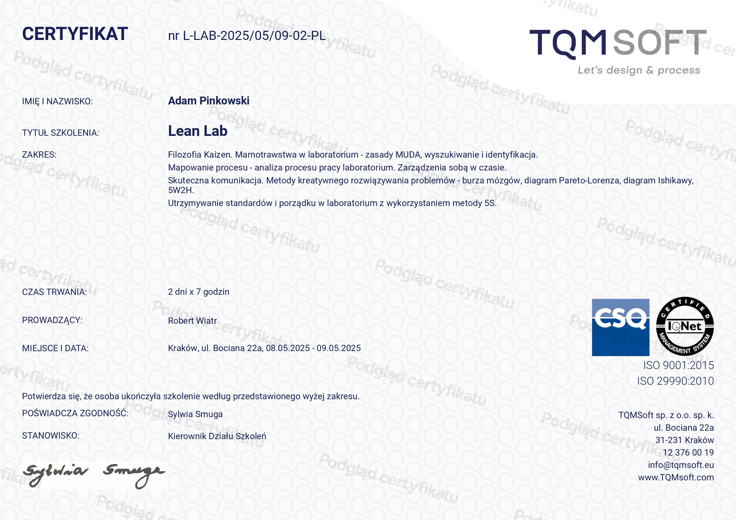 Certyfikat szkolenia: Lean Lab