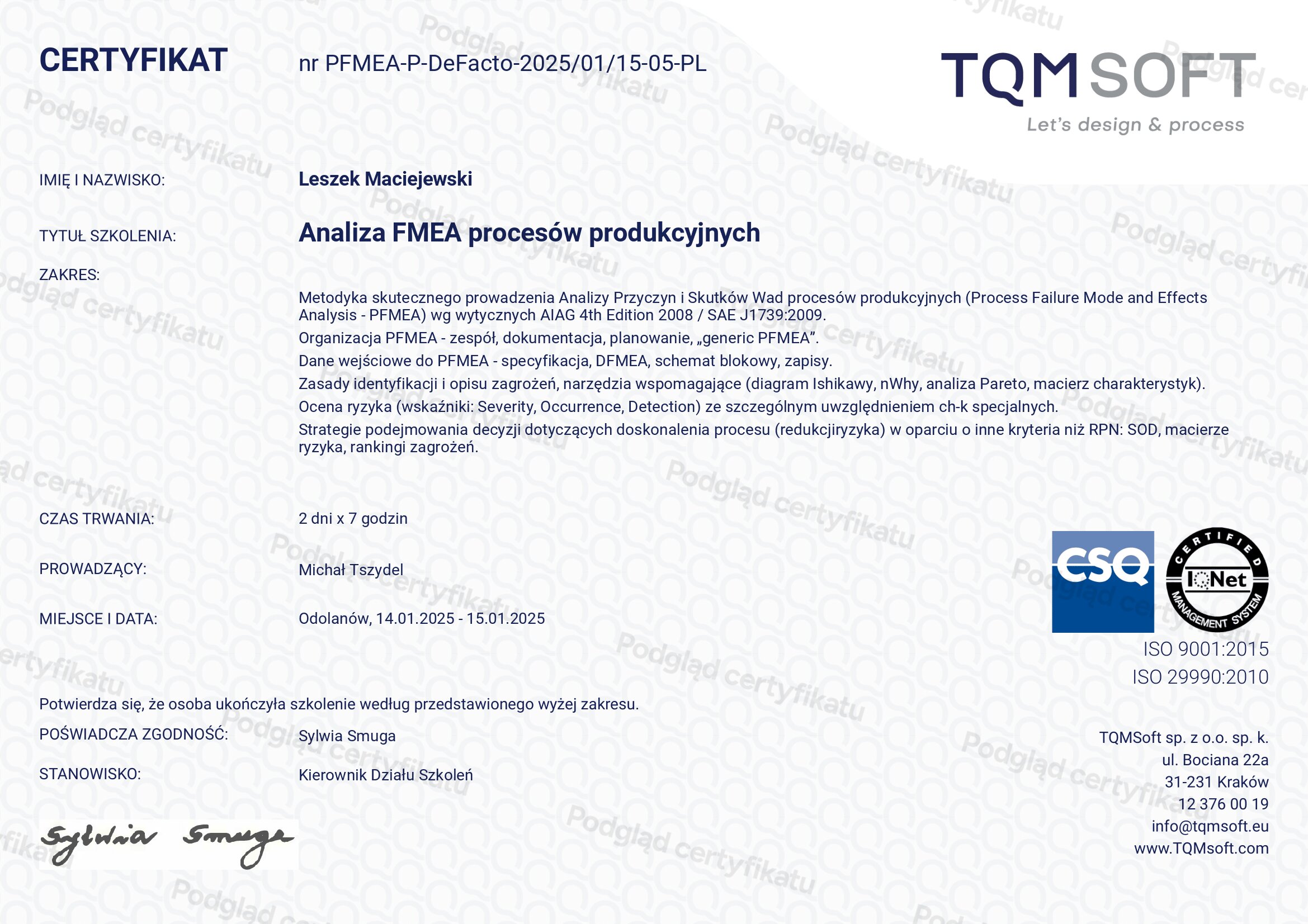 Certyfikat szkolenia: Analiza FMEA procesów produkcyjnych