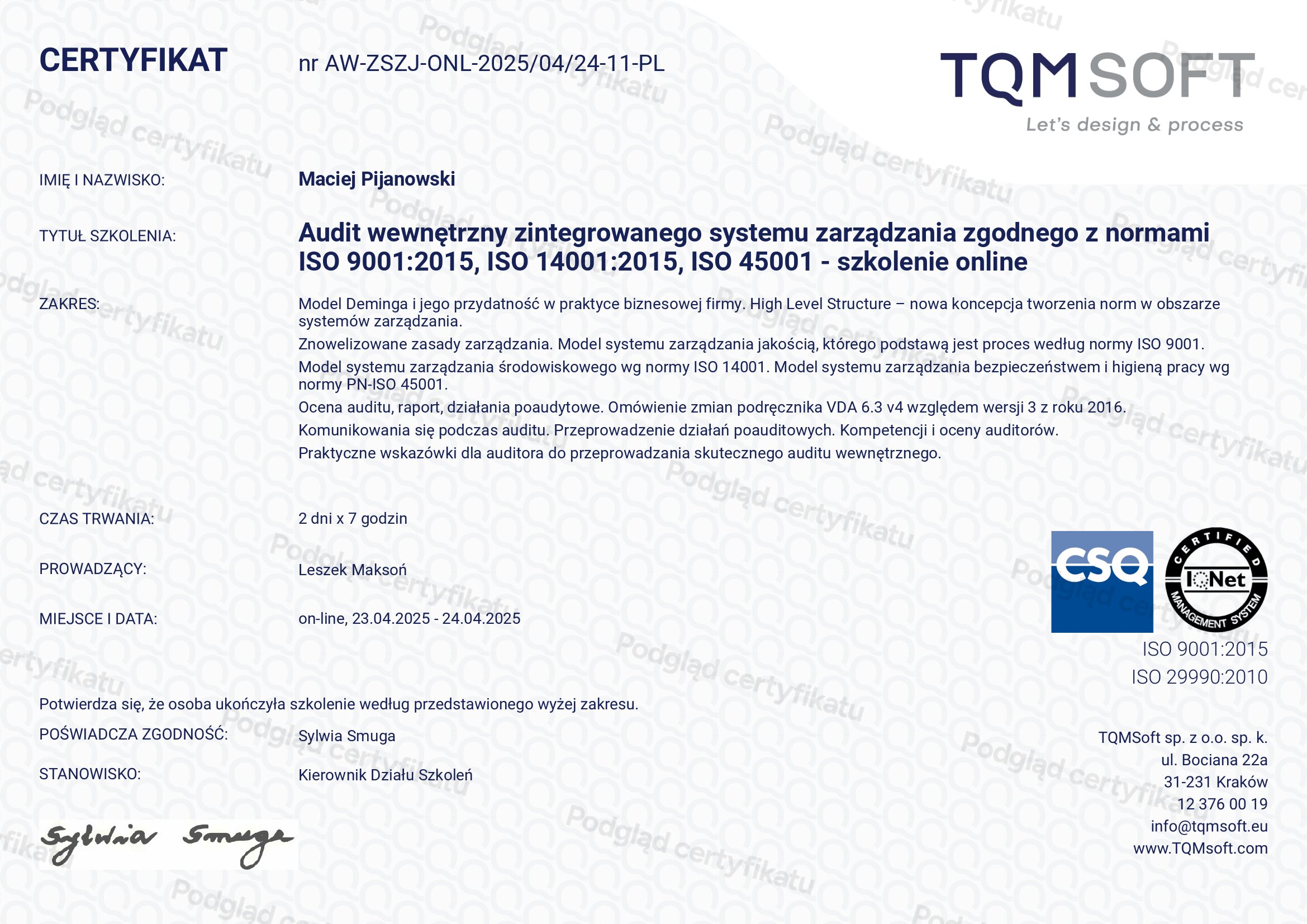 Certyfikat szkolenia: Audit wewnętrzny zintegrowanego systemu zarządzania zgodnego  z normami ISO 9001:2026, ISO 14001:2026, ISO 45001