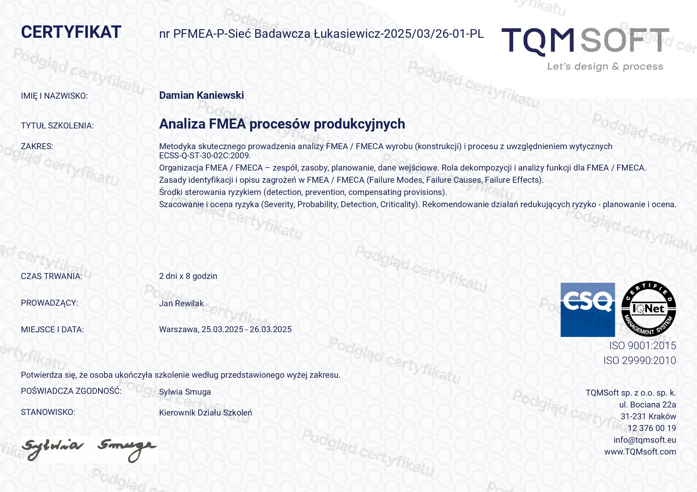 Certyfikat szkolenia: Analiza FMEA procesów produkcyjnych