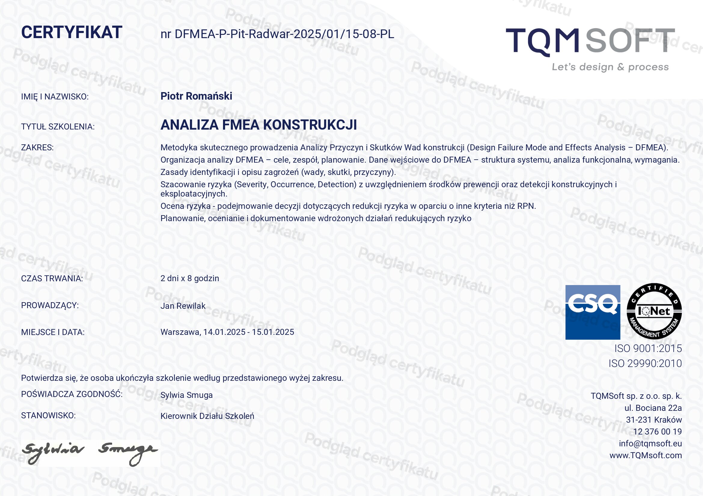 Certyfikat szkolenia: Analiza FMEA konstrukcji według metodyki klasycznej