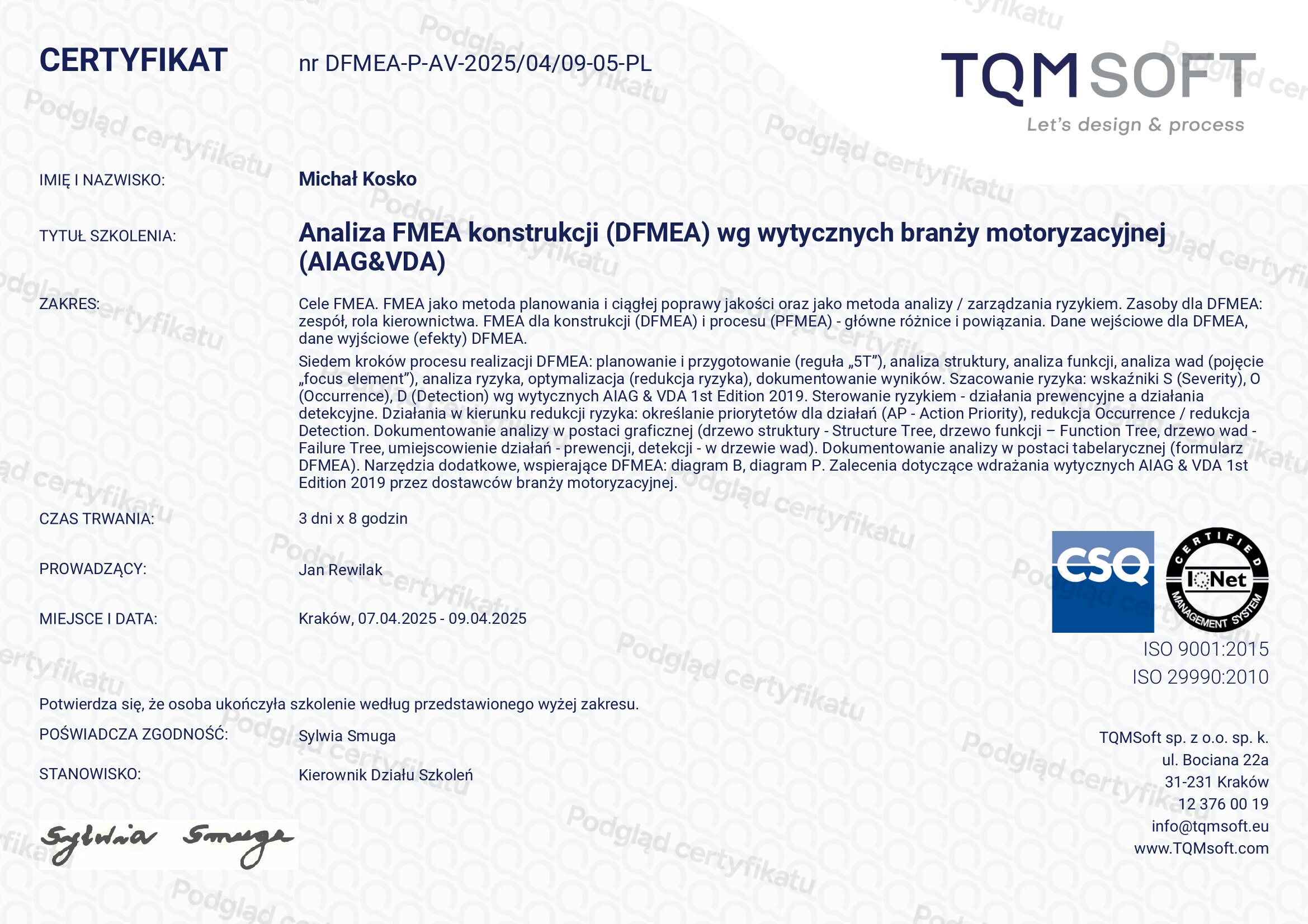 Certyfikat szkolenia: Lean Six Sigma w usługach- poziom Green Belt zjazd I